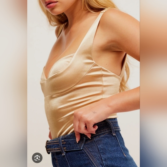 FREE PEOPLE Intimately Casino Dusk Latte Gold Satin Bodysuit STRETCHING Size M - Picture 12 of 16